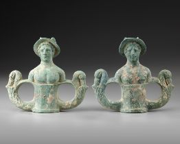 A PAIR OF BRONZE CHARIOT FITTINGS WITH THE BUSTS OF MERCURY, ROMAN 1ST-2ND CENTURY AD