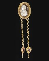 A ROMAN GOLD BROOCH WITH CAMEO AND PENDANTS, 3RD CENTURY AD