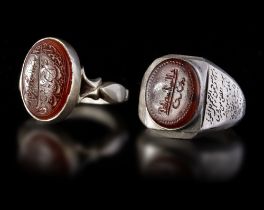 TWO AGATE SEAL SILVER RINGS