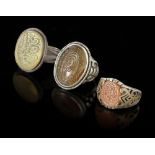 THREE AGATE SEAL SILVER RINGS