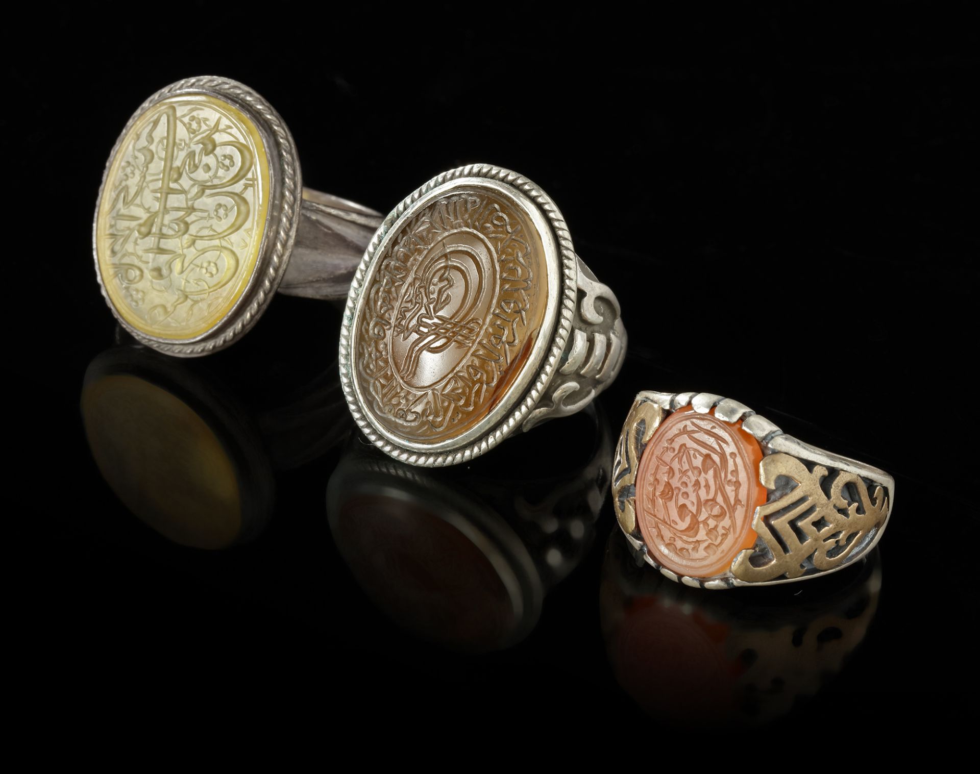 THREE AGATE SEAL SILVER RINGS