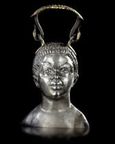 SILVER BALSAMARIUM WITH THE BUST OF A YOUNG AFRICAN, 1ST CENTURY AD