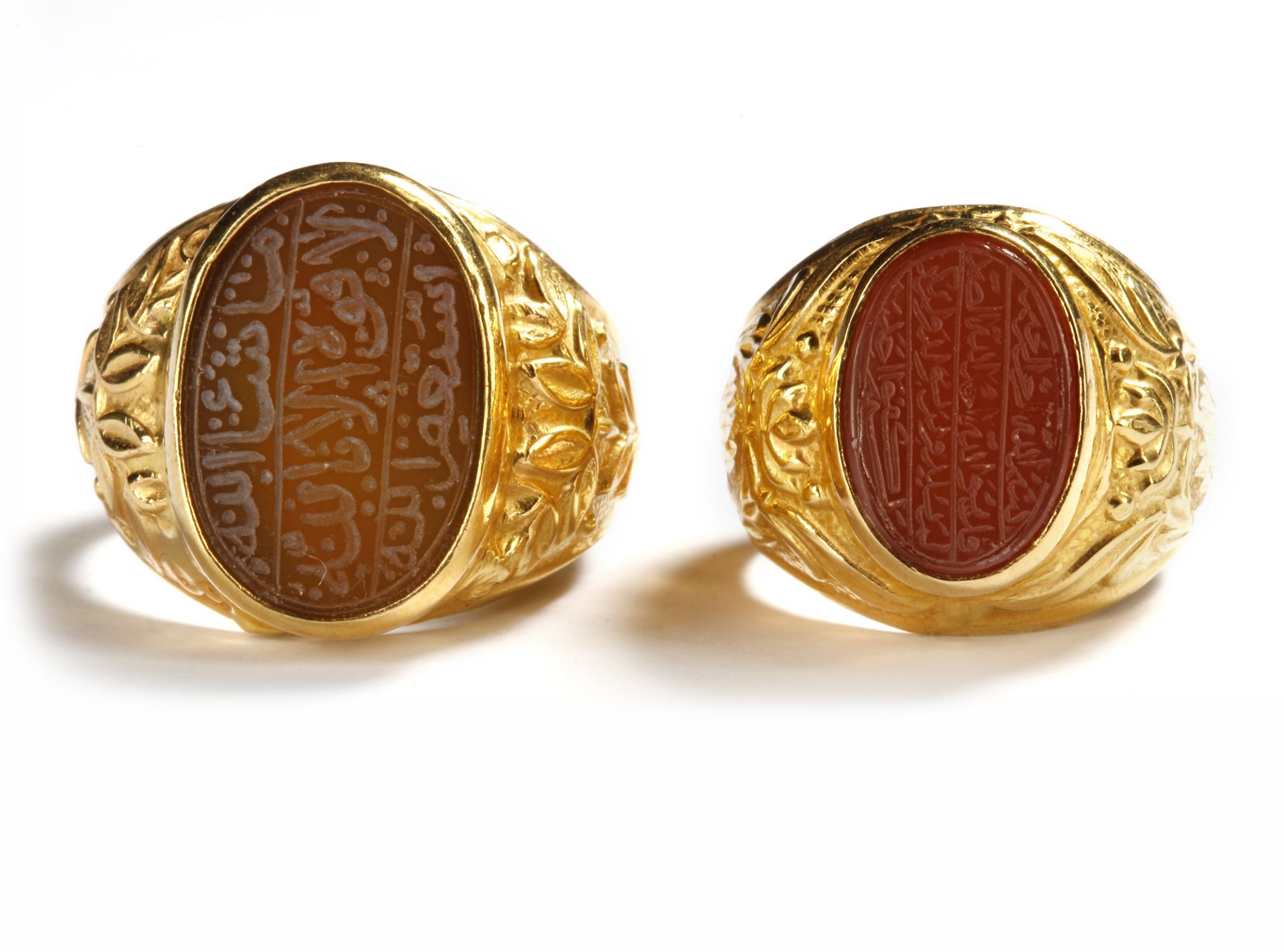 TWO AGATE SEAL GOLD RINGS