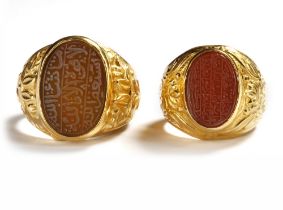 TWO AGATE SEAL GOLD RINGS