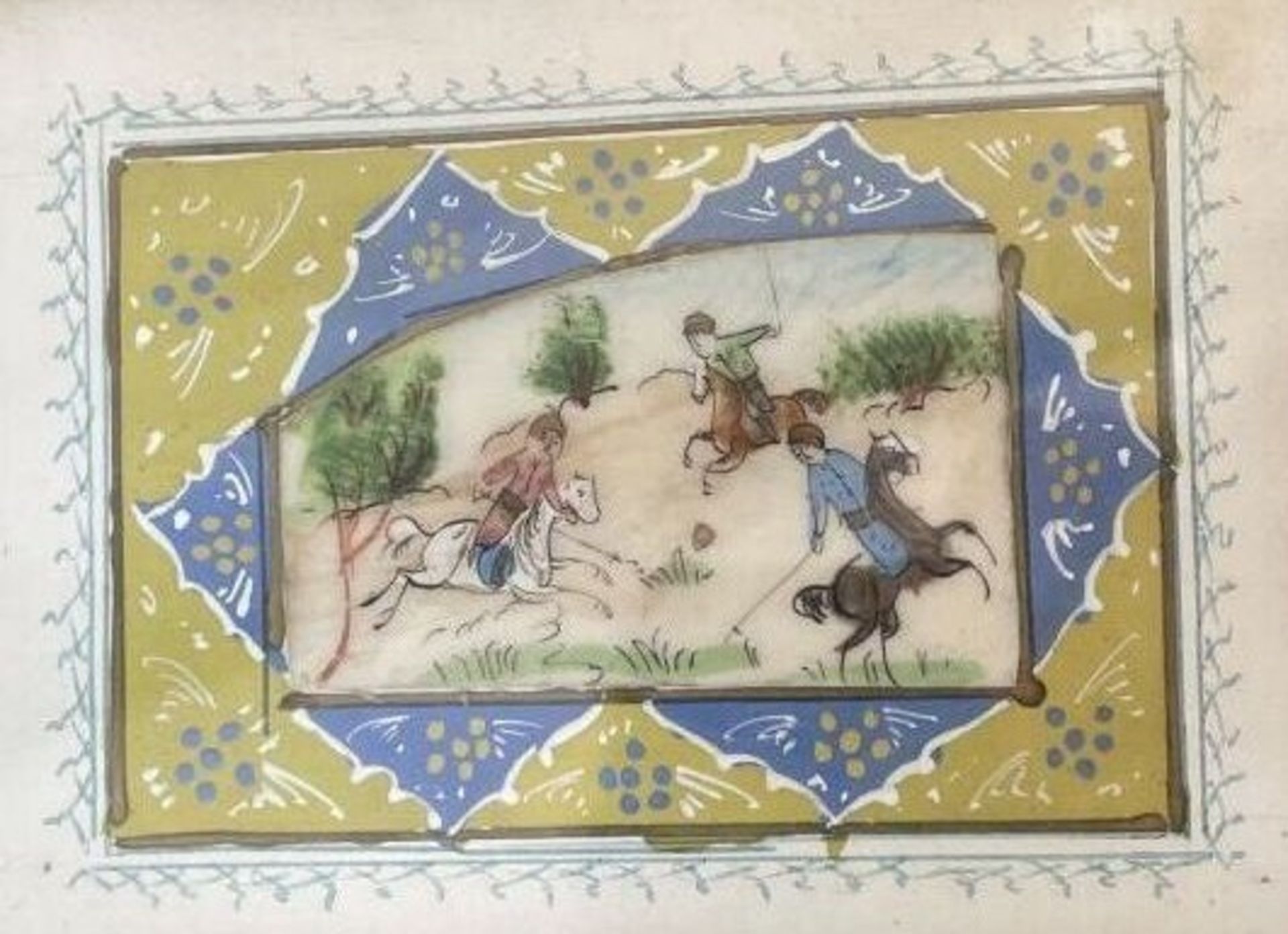 Miniature persanne figurant trois cavaliers Papier gouaché 8.5 x 12 cm (à vue) Travail moderne