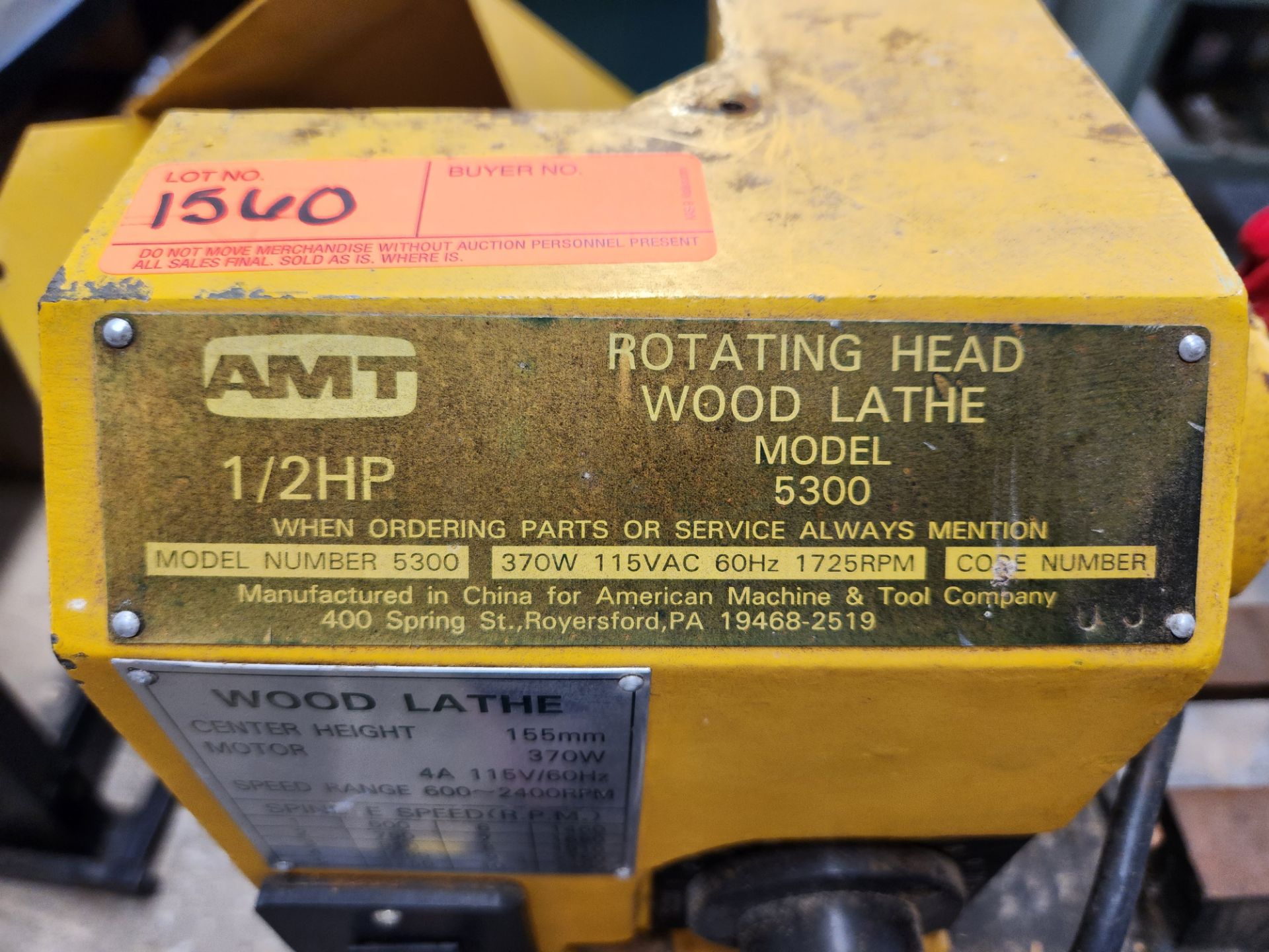 AMT Rotating Head Wood Lathe - Image 2 of 4