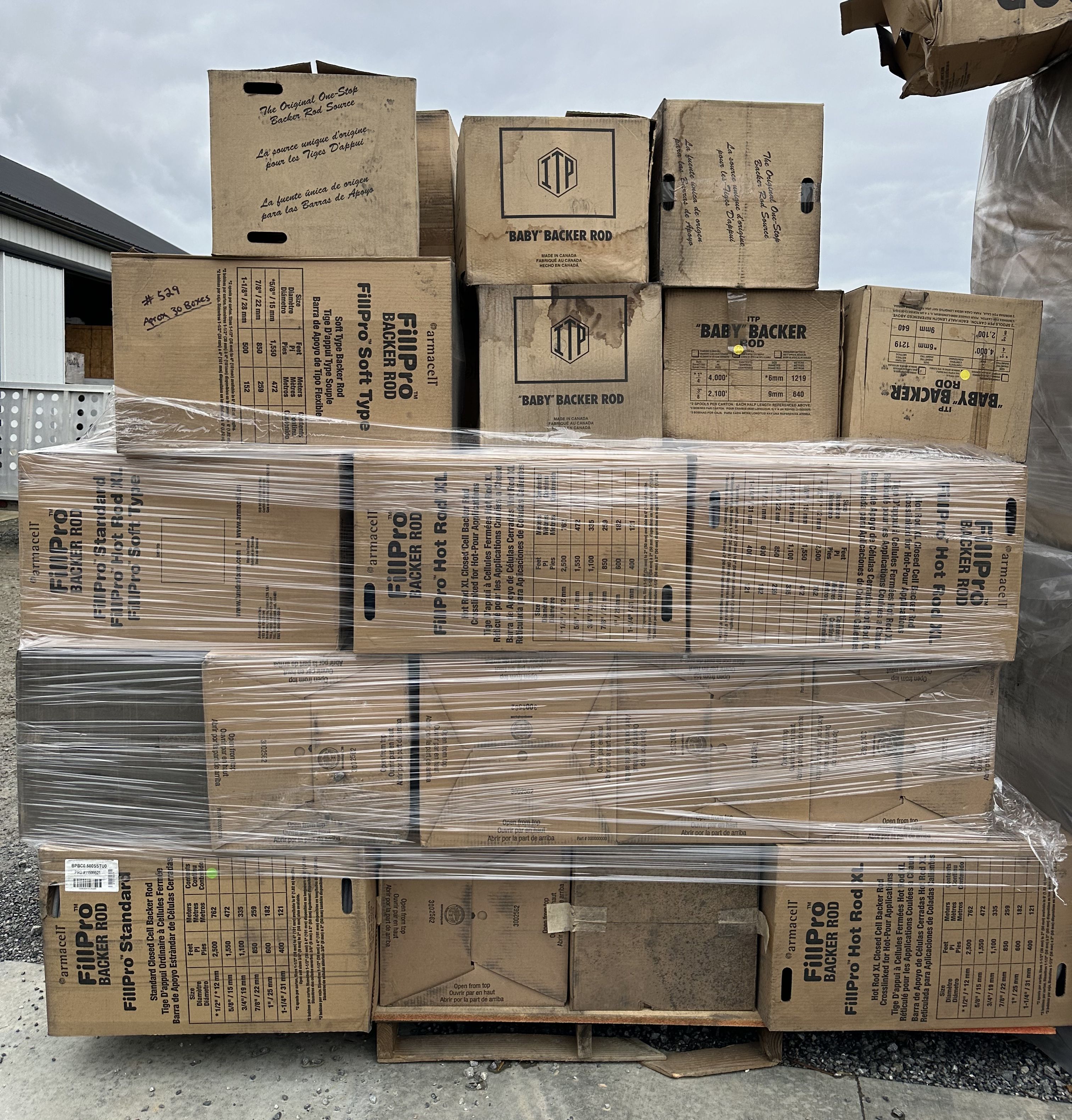 Approx. 30 boxes of fillpro backer rod, various thicknesses and lengths.