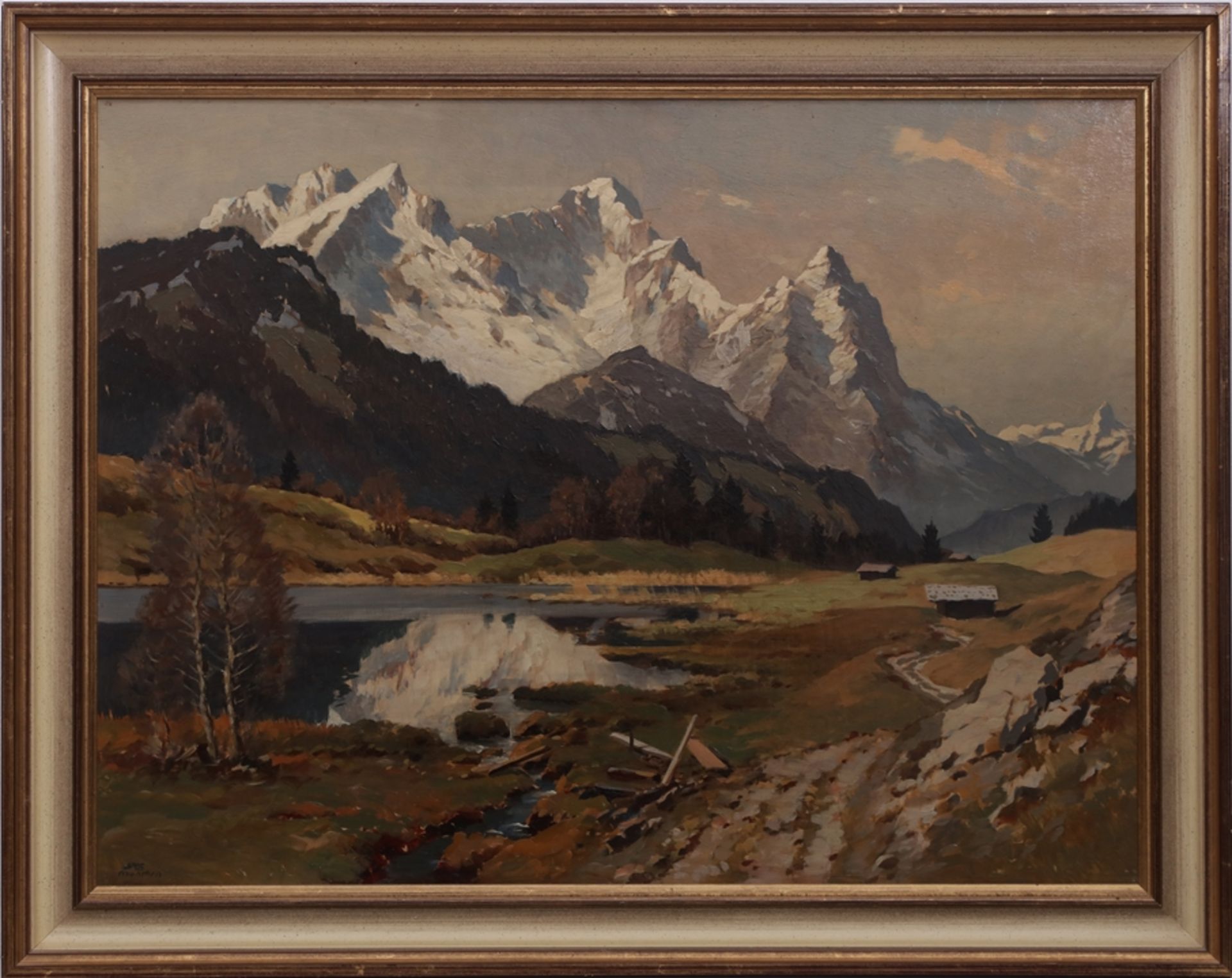 Josef Süssmeier (1897-1971), painting Geroldsee in front of Zugspitze, oil on wood. - Image 4 of 4