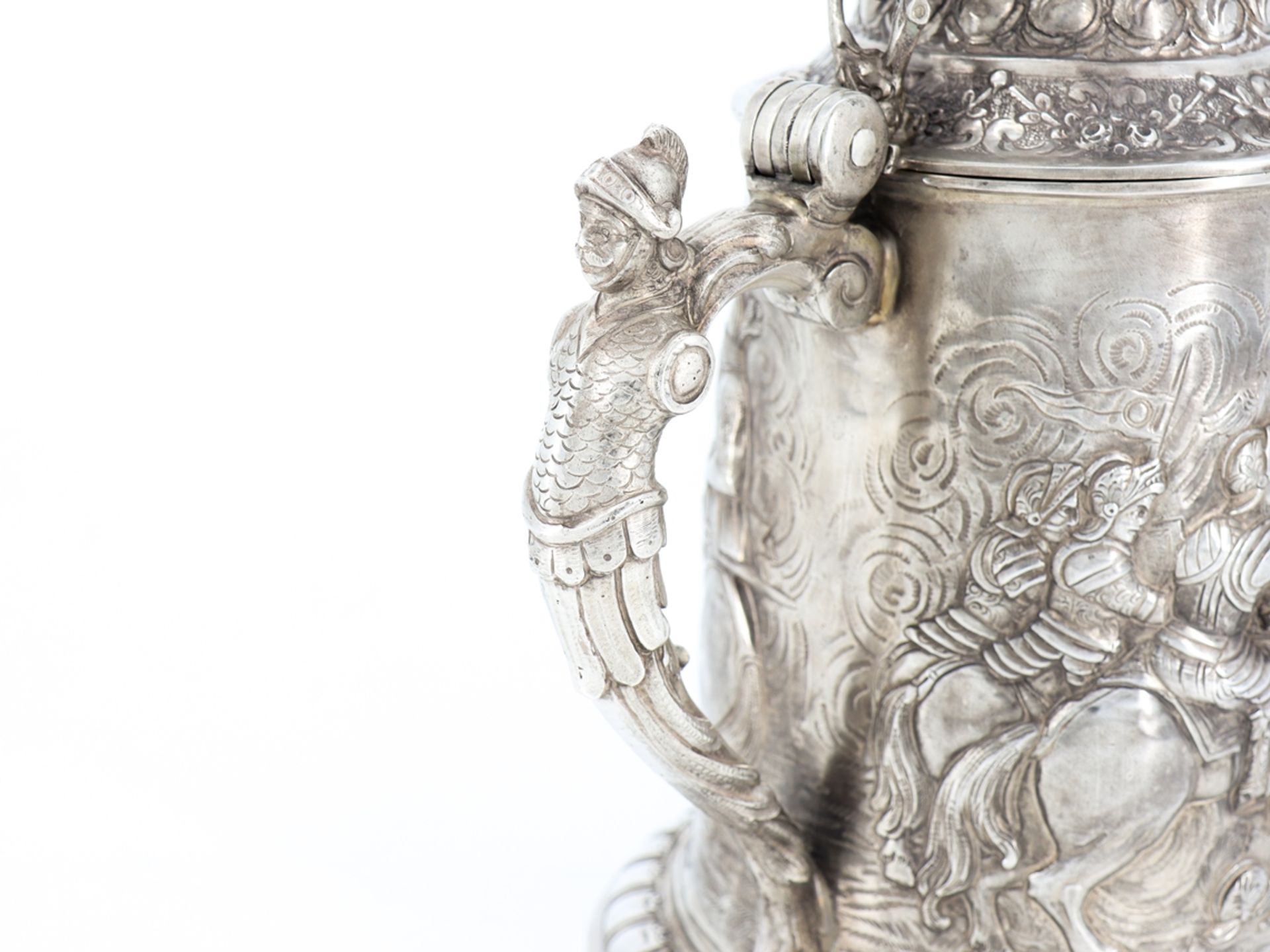 Large silver tankard 800 silver historicising battle scene, probably Hanau circa 1900 - Image 9 of 10