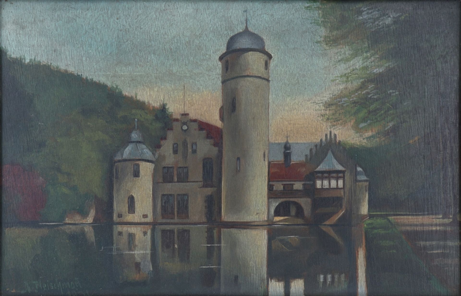 Painting oil on wood Mespelbrunn Castle, signed A. Fleischmann, dated 1931.