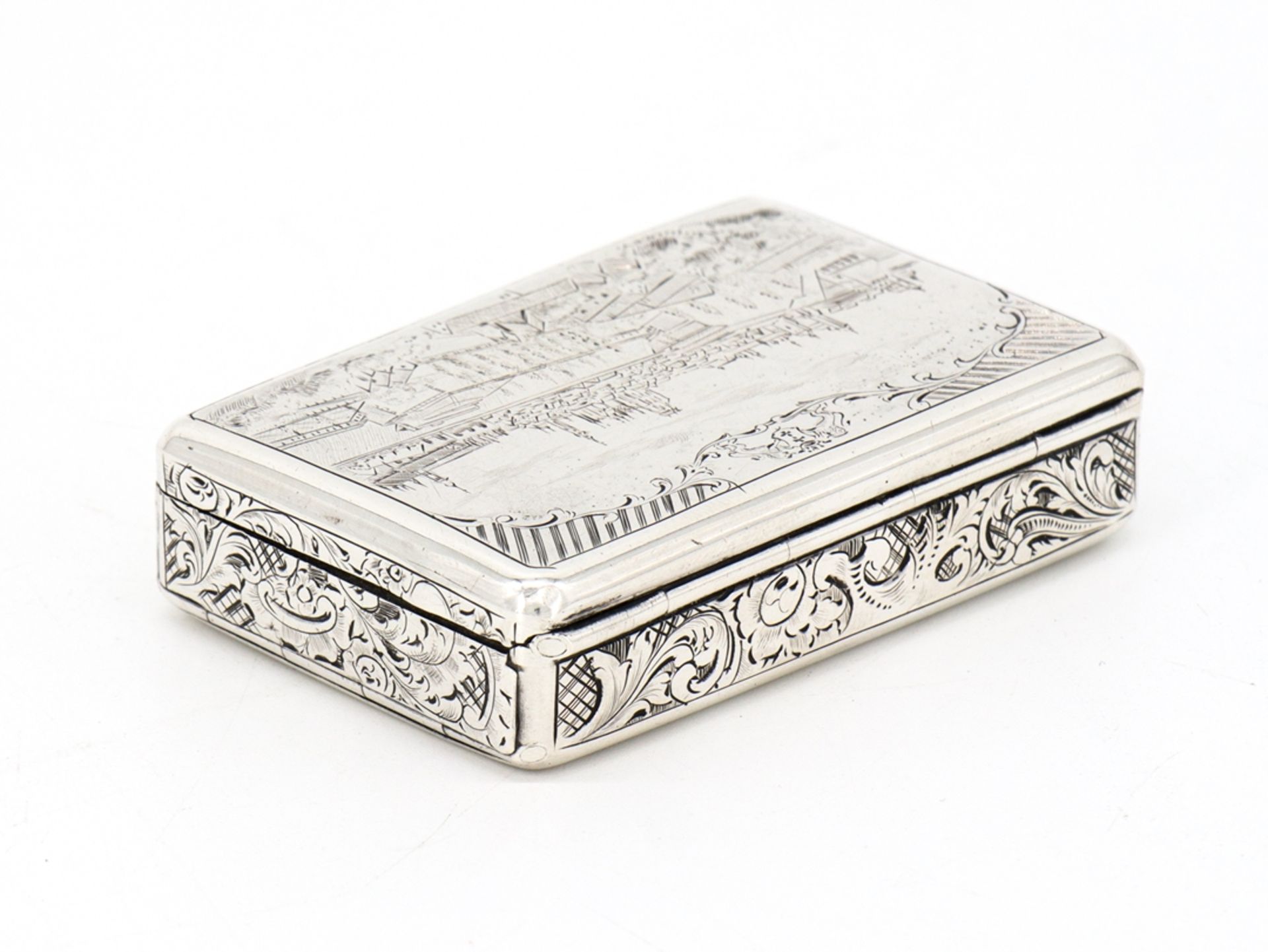 Match silver case with finely chased city view, around 1850 - Image 3 of 9
