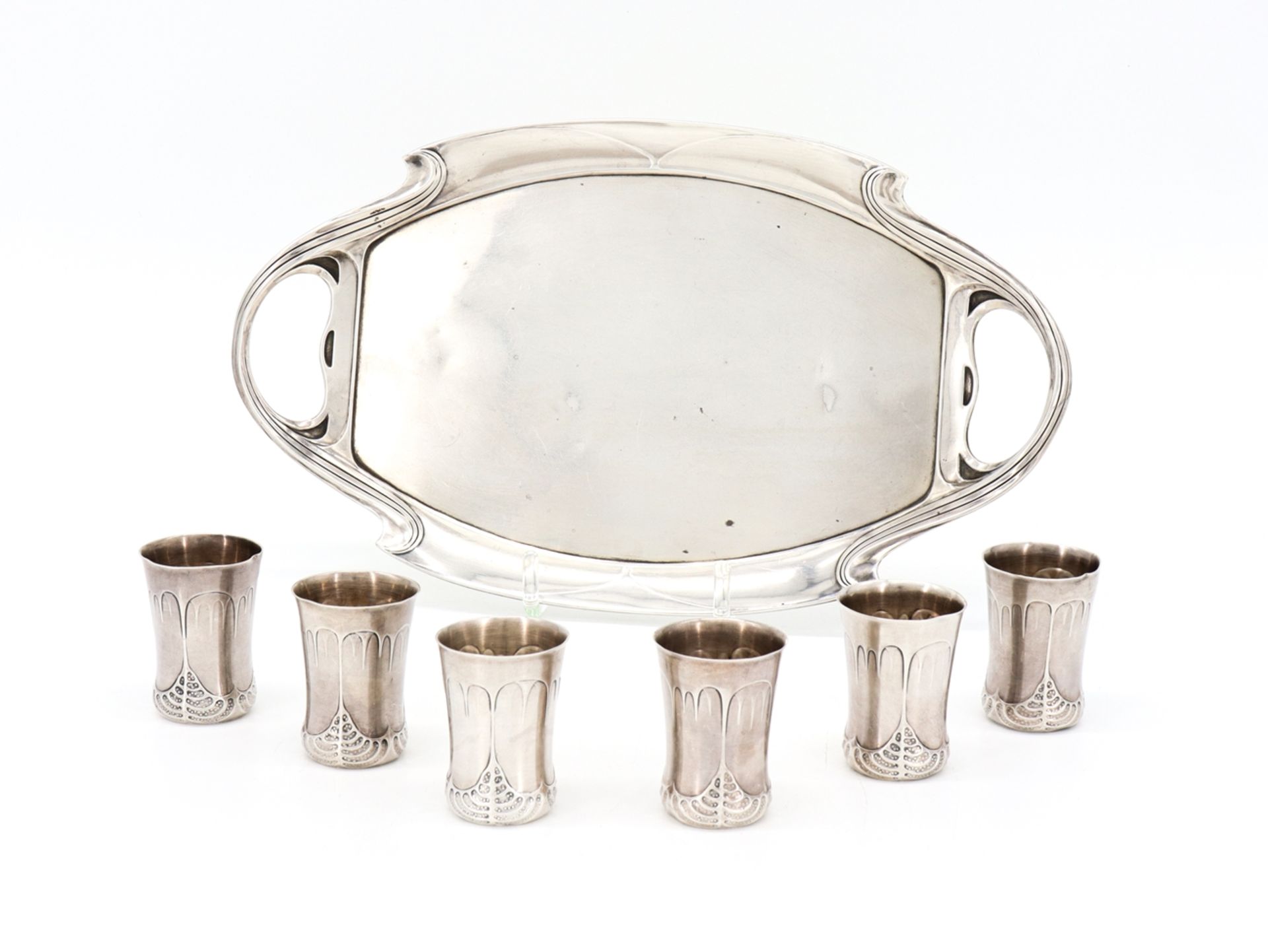 Art Nouveau tray in 925 sterling silver with 6 cups around 1900. - Image 2 of 7