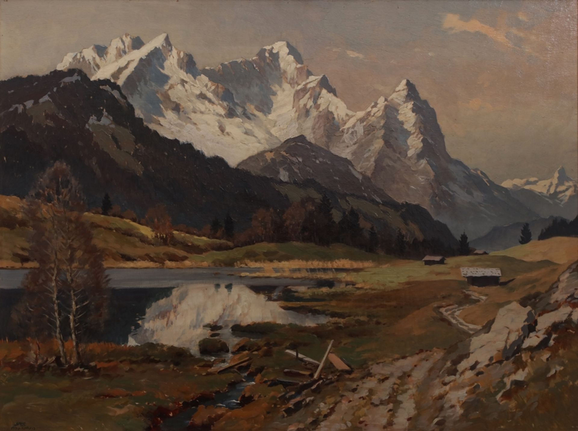 Josef Süssmeier (1897-1971), painting Geroldsee in front of Zugspitze, oil on wood.