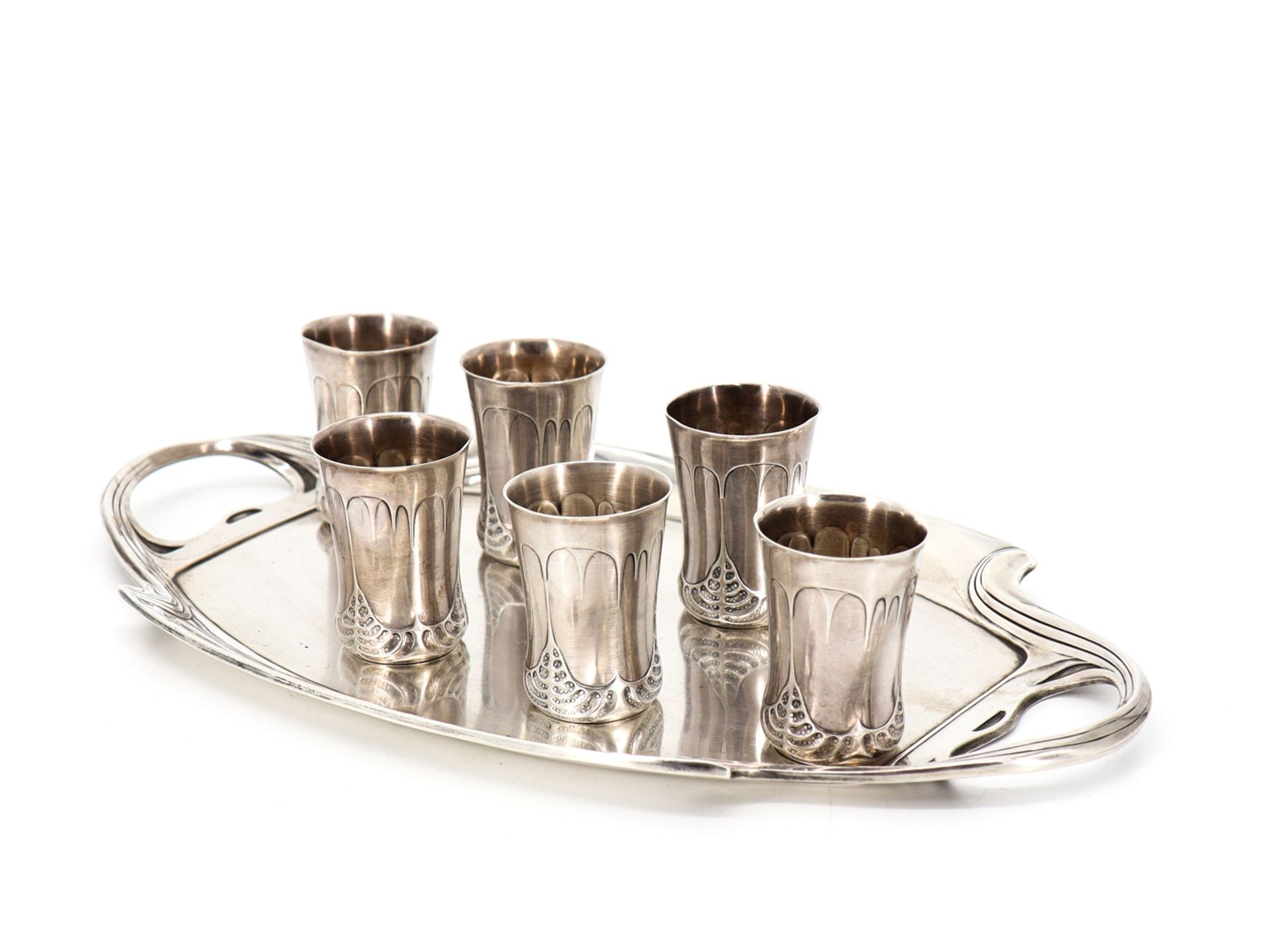Art Nouveau tray in 925 sterling silver with 6 cups around 1900. - Image 7 of 7