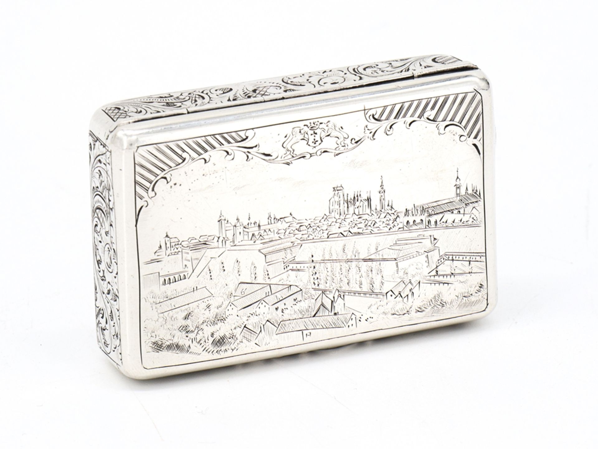 Match silver case with finely chased city view, around 1850