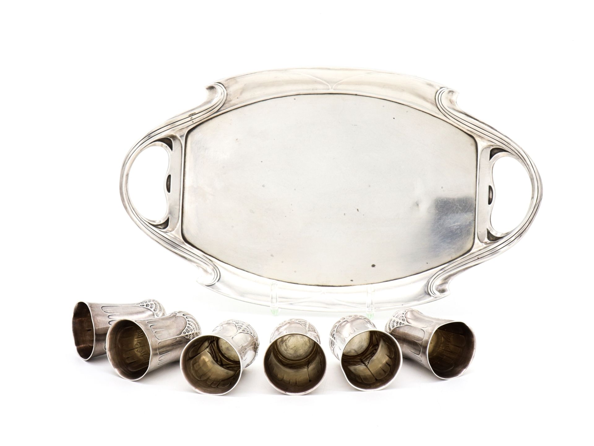 Art Nouveau tray in 925 sterling silver with 6 cups around 1900. - Image 3 of 7