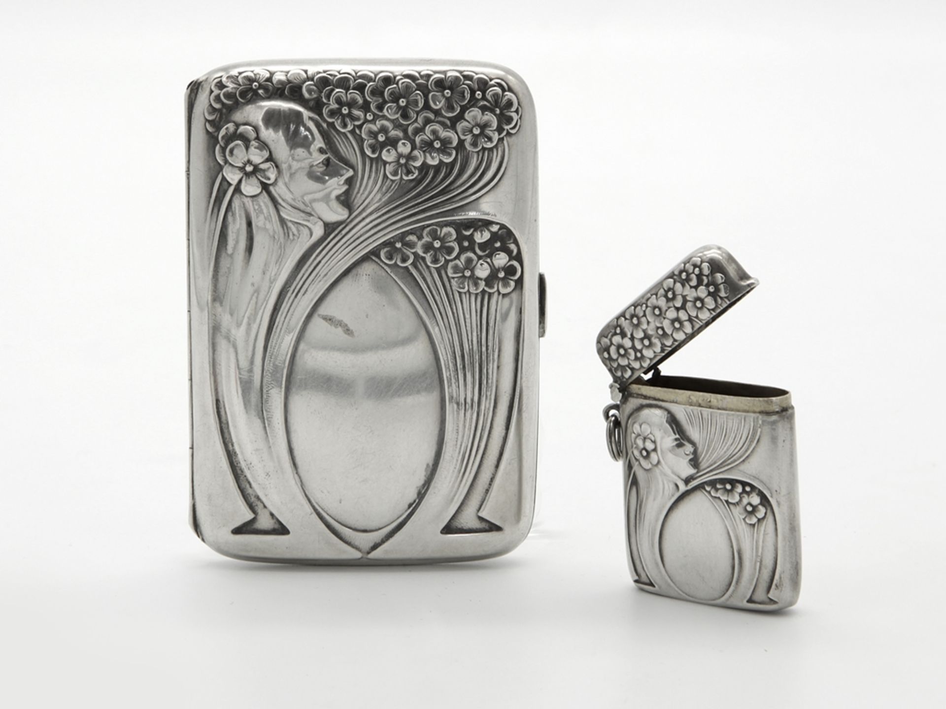Fine art nouveau cigarette case and matchbox, 800 silver. - Image 5 of 5