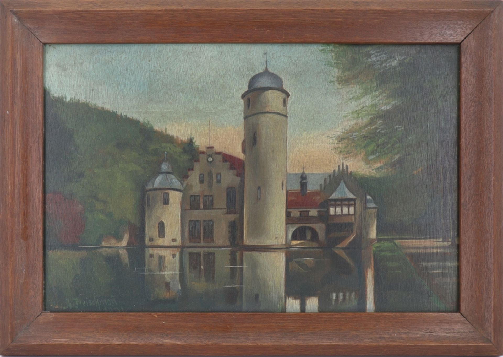 Painting oil on wood Mespelbrunn Castle, signed A. Fleischmann, dated 1931. - Image 4 of 4