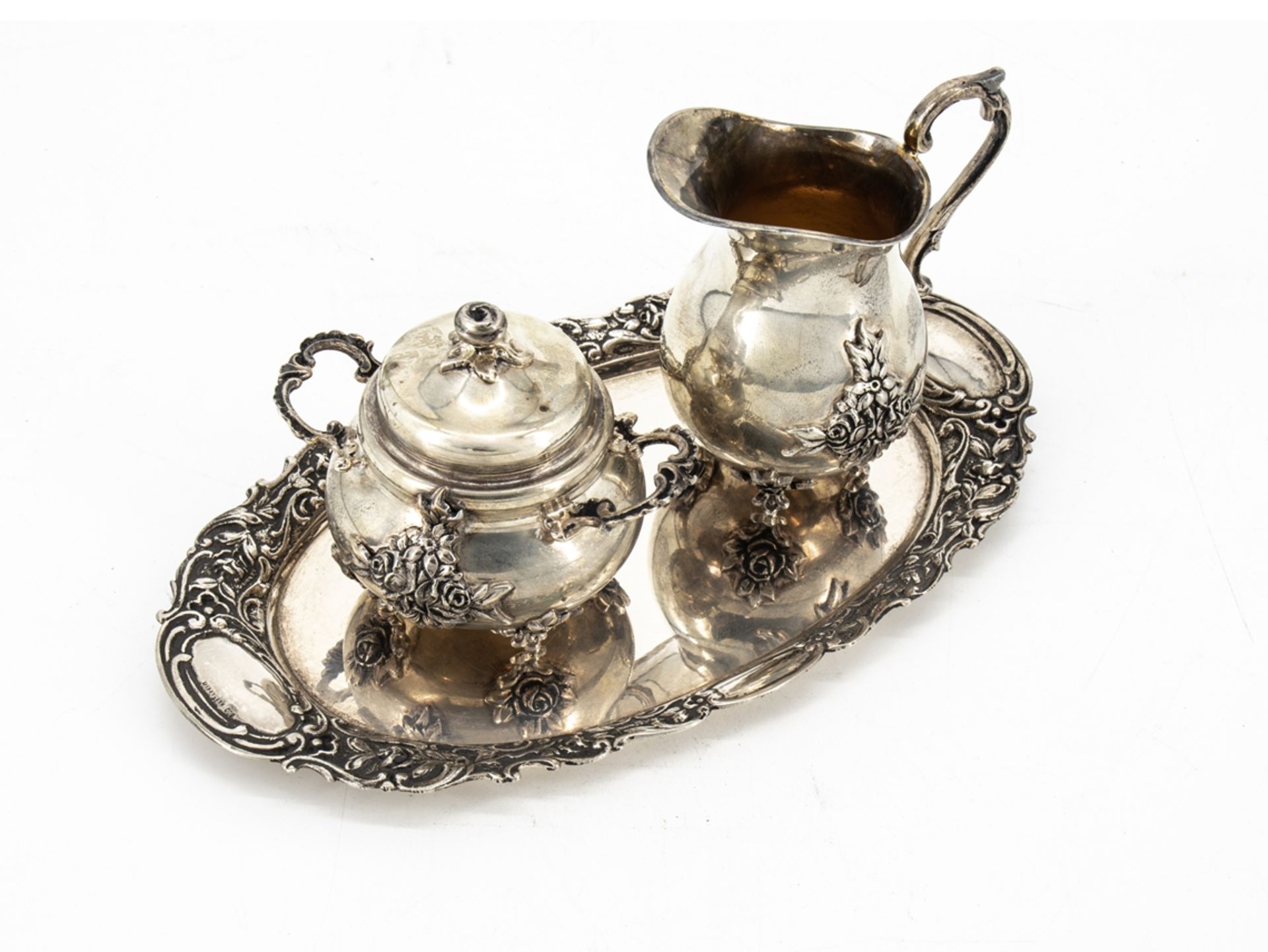 Cream jug and sugar bowl on tray, silver, Hanau rose gilded inside, 1st half 20th century.