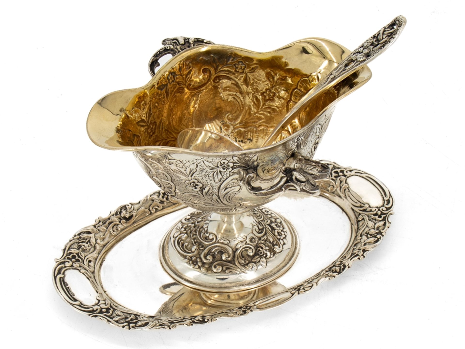 Large gravy boat, solid silver, gilded interior, heavy design, circa 1930