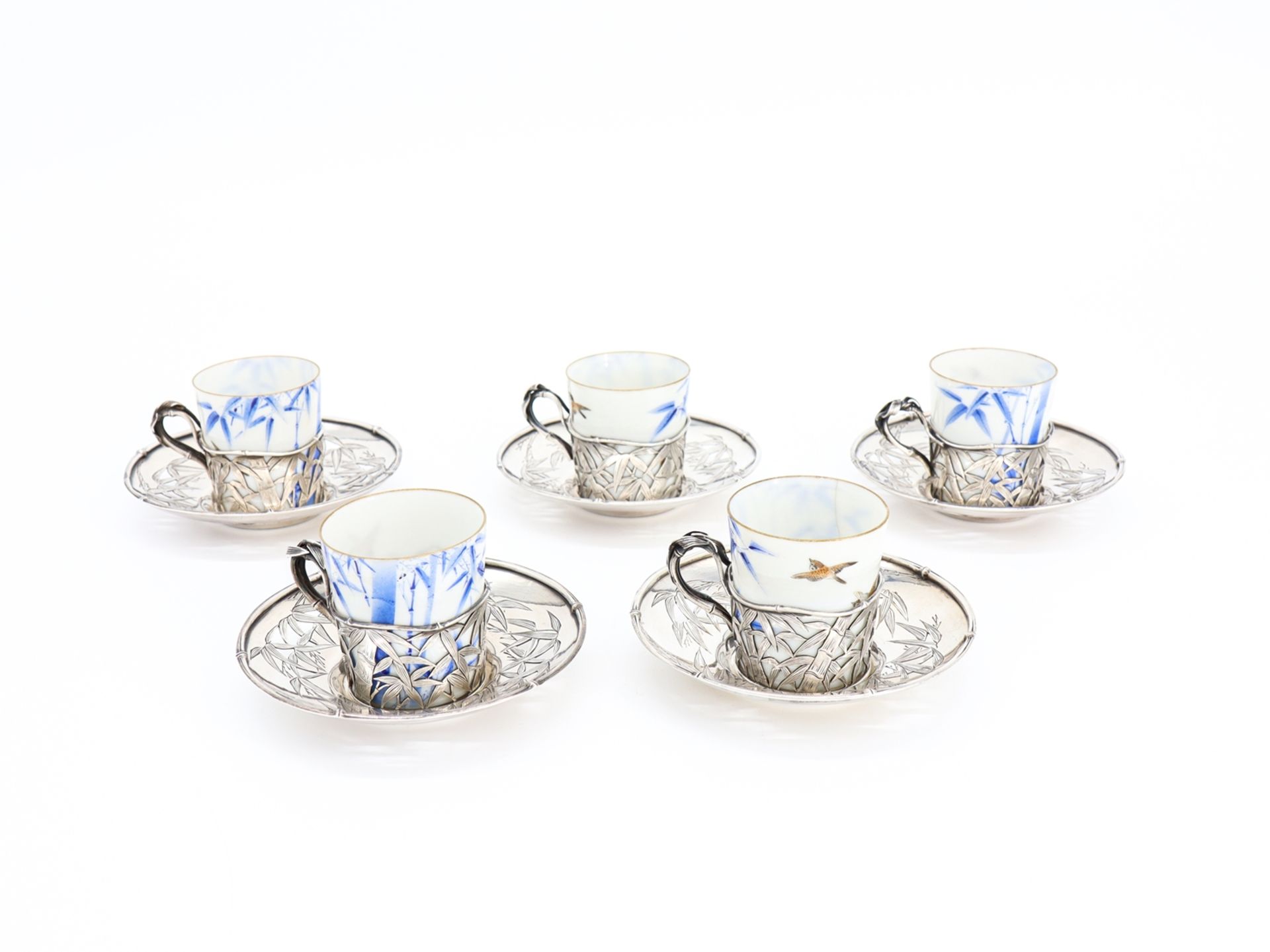 5 Cups, Chinese Export Silver, Porcelain, Crane Motif, China, c. 1900 - Image 2 of 9