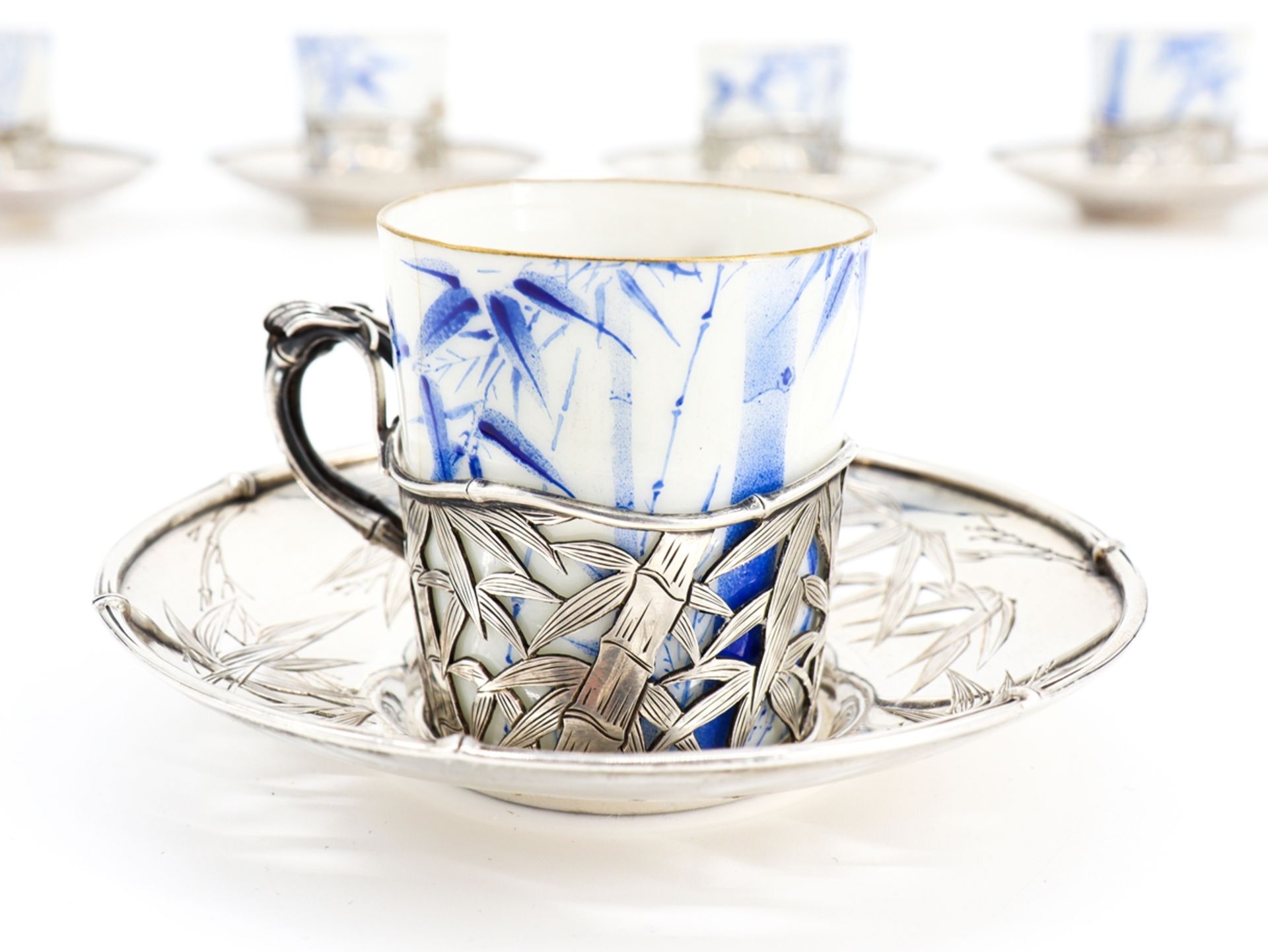 5 Cups, Chinese Export Silver, Porcelain, Crane Motif, China, c. 1900