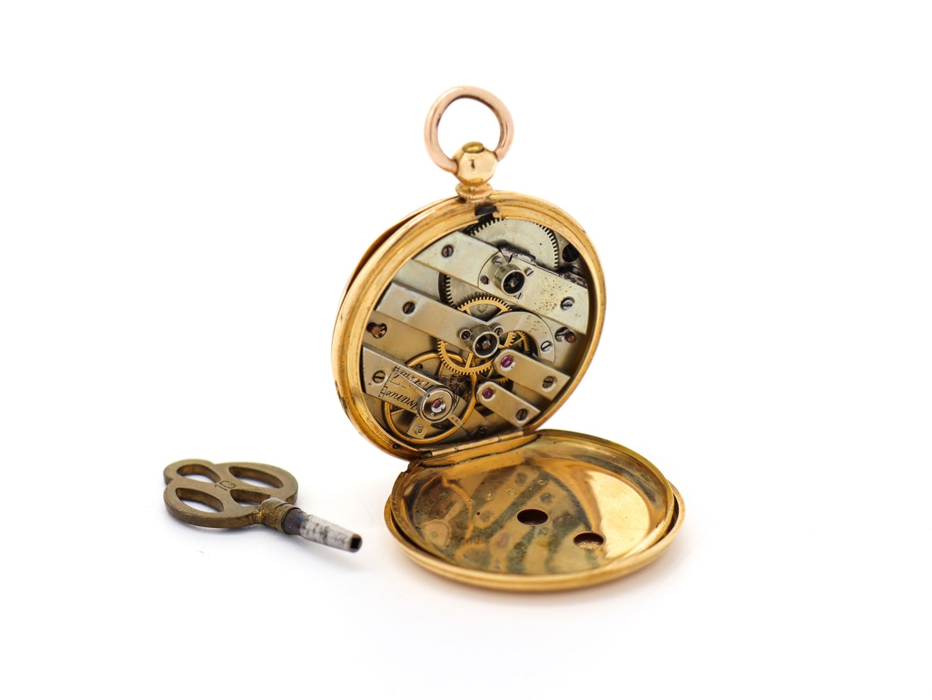 Fine 18 K, 750 gold ladies' pocket watch, 10 rubies with watch key, around 1900. - Image 2 of 8