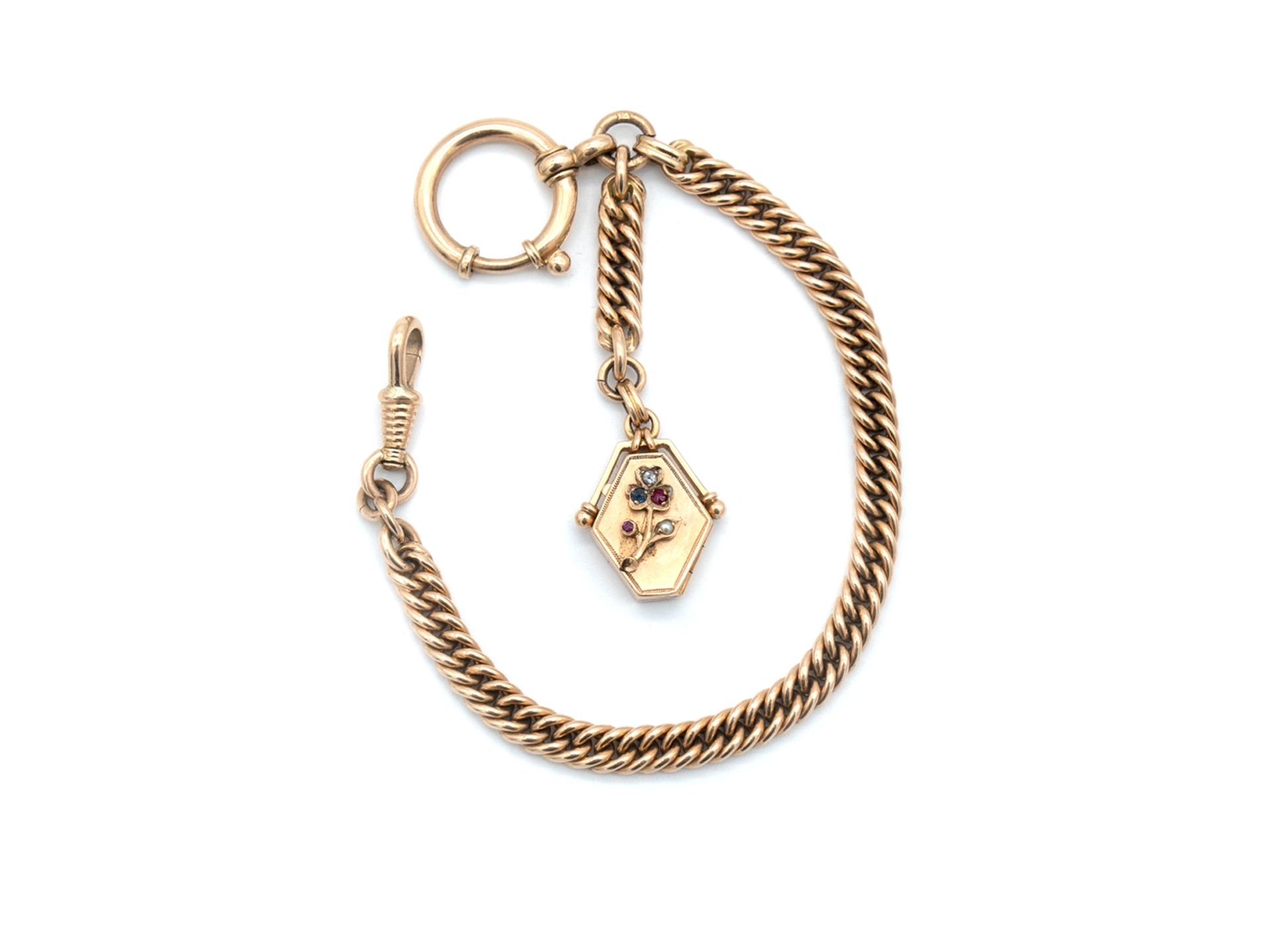 Watch chain in 14 K gold, with photo medallion, set with ruby, pearl, around 1880.