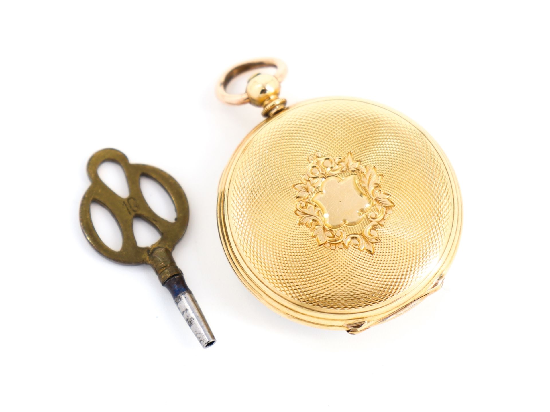 Fine 18 K, 750 gold ladies' pocket watch, 10 rubies with watch key, around 1900. - Image 6 of 8