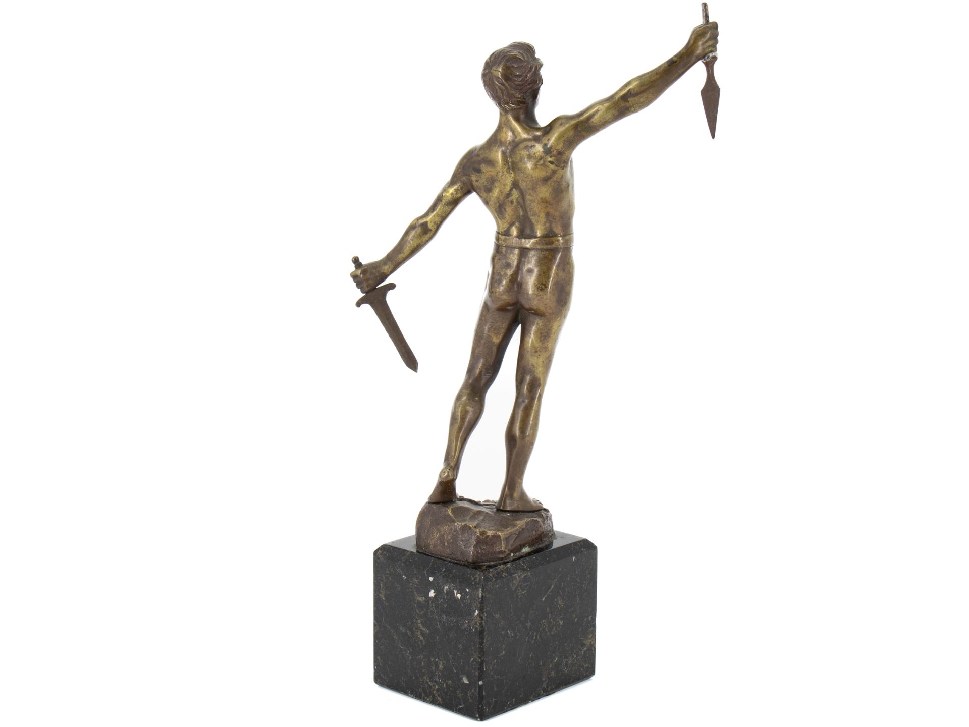 Bronze sculpture, WW1, warrior with sword on marble base, dated 1914. - Image 3 of 7