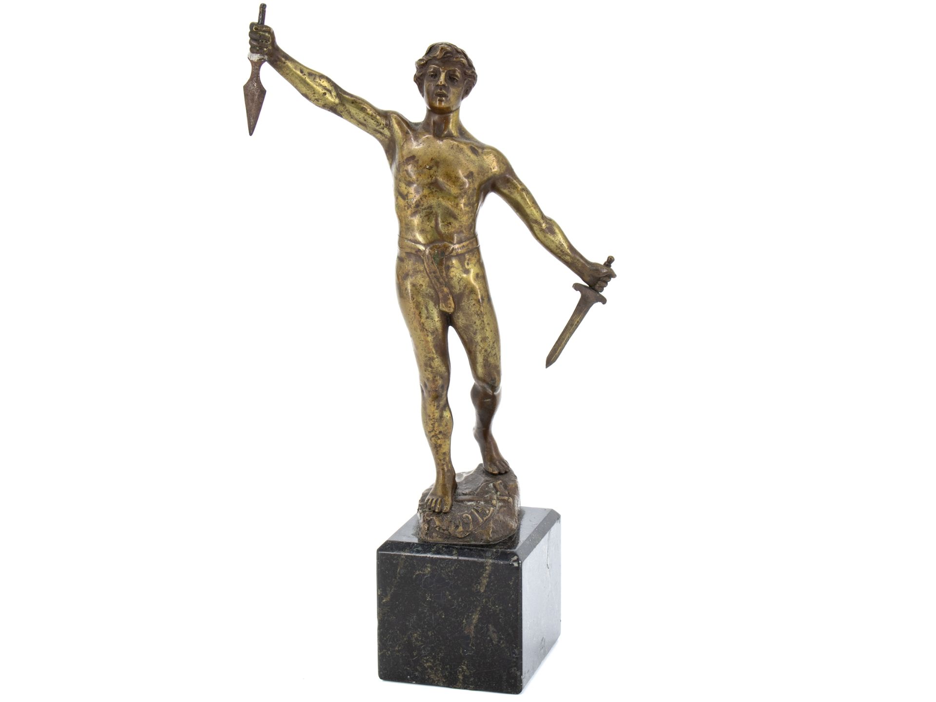 Bronze sculpture, WW1, warrior with sword on marble base, dated 1914.