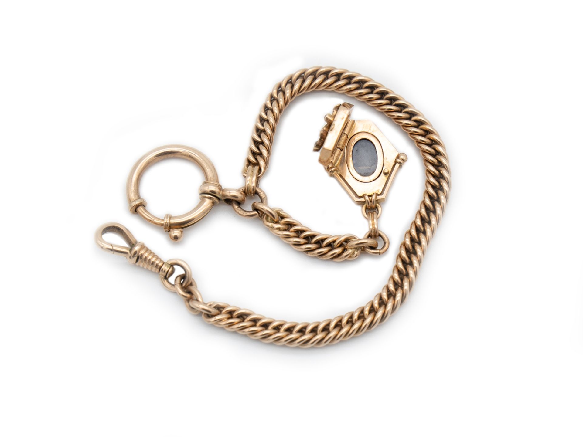 Watch chain in 14 K gold, with photo medallion, set with ruby, pearl, around 1880. - Image 2 of 5