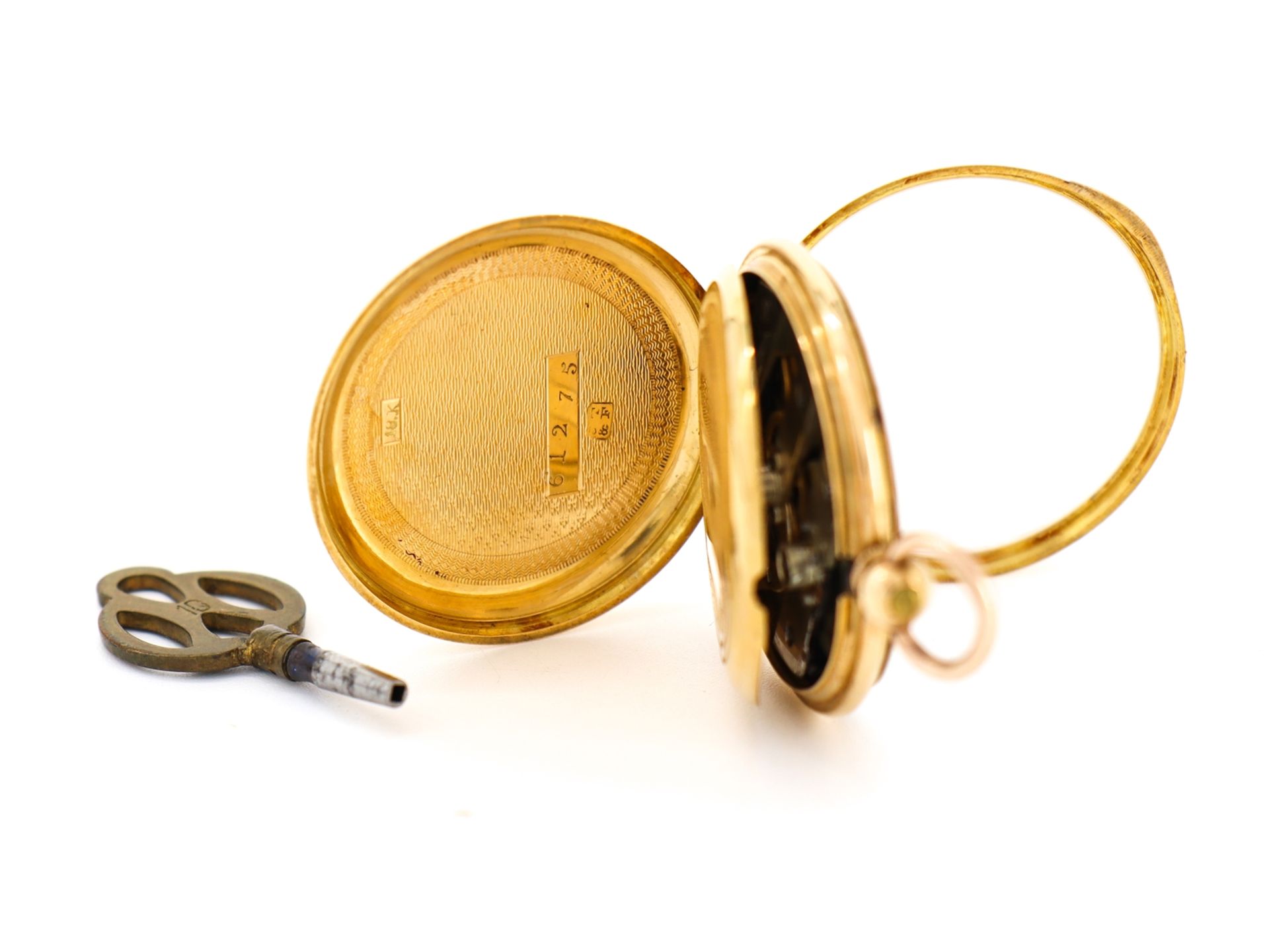 Fine 18 K, 750 gold ladies' pocket watch, 10 rubies with watch key, around 1900. - Image 3 of 8