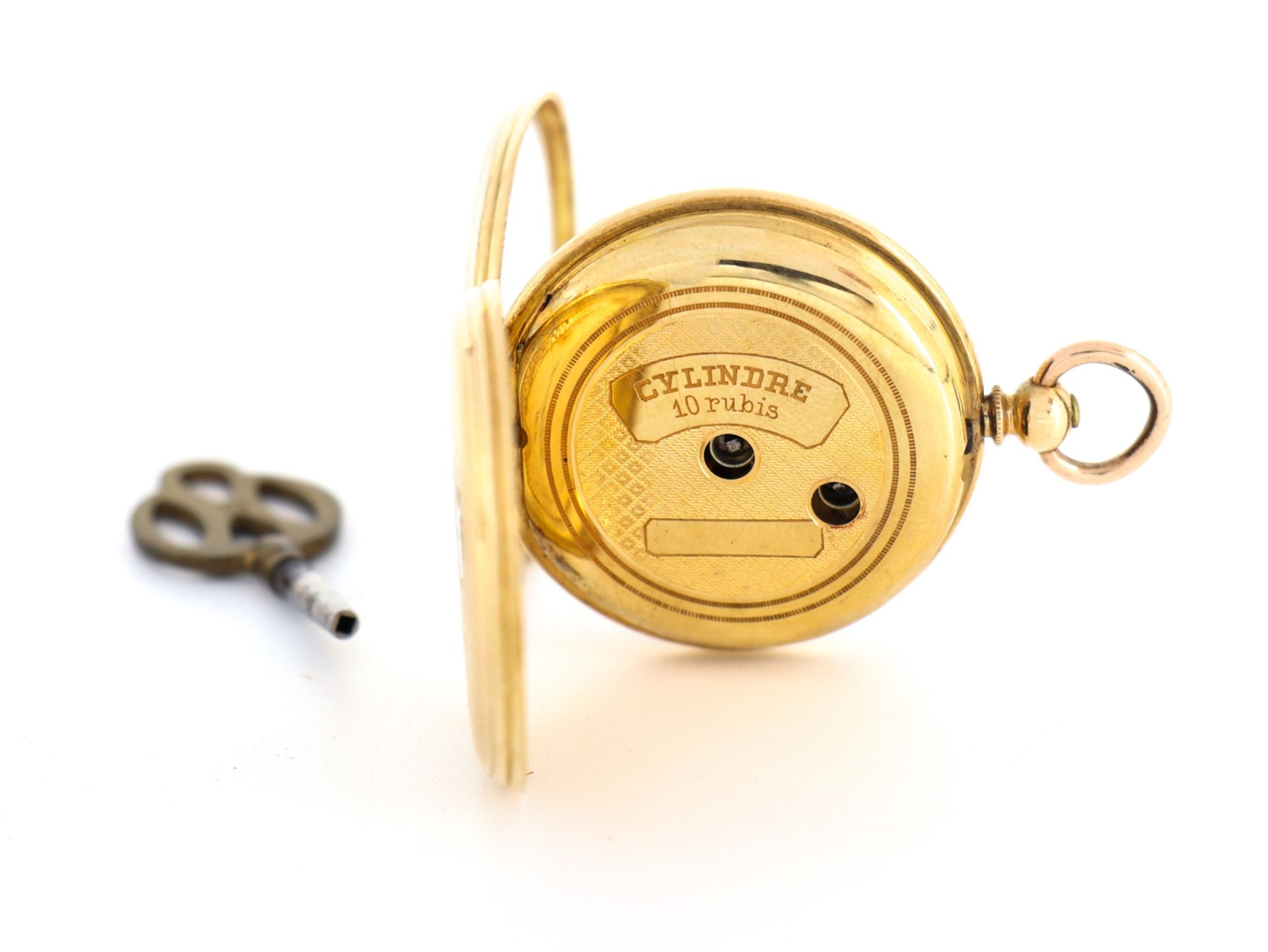 Fine 18 K, 750 gold ladies' pocket watch, 10 rubies with watch key, around 1900. - Image 4 of 8