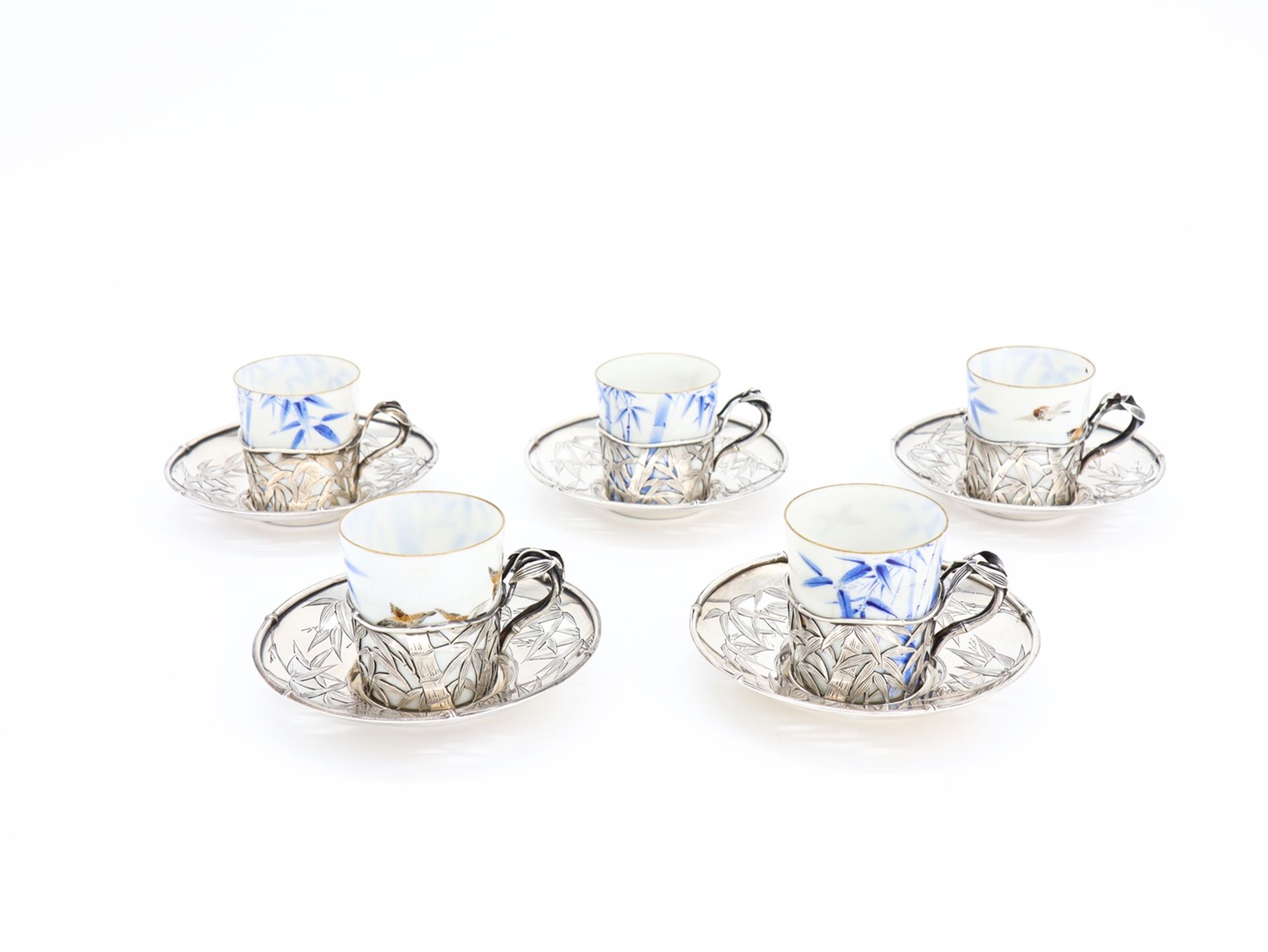 5 Cups, Chinese Export Silver, Porcelain, Crane Motif, China, c. 1900 - Image 8 of 9
