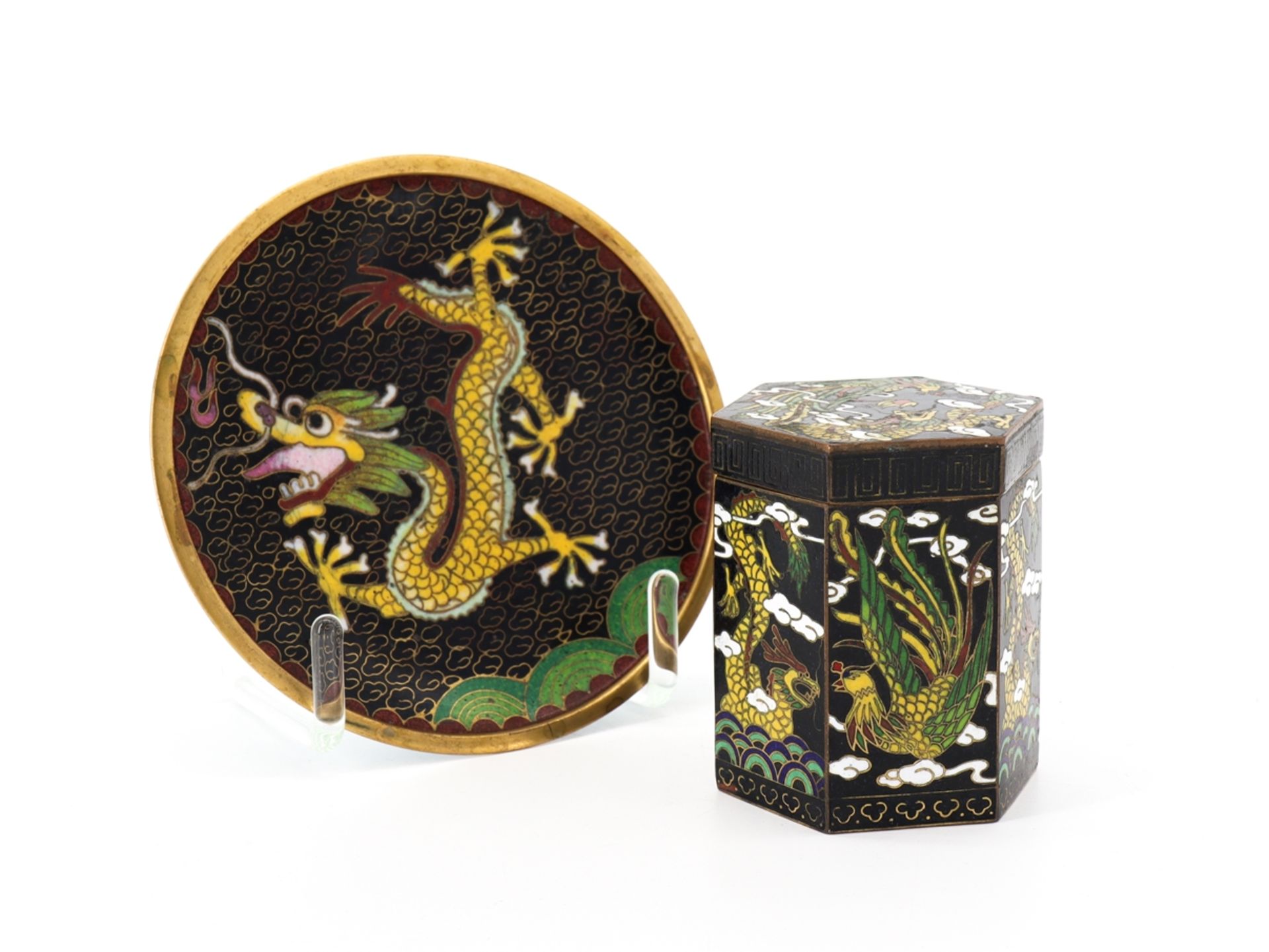 Cloisonne, bowl and box, black enamel, China, 1st half 20th century.