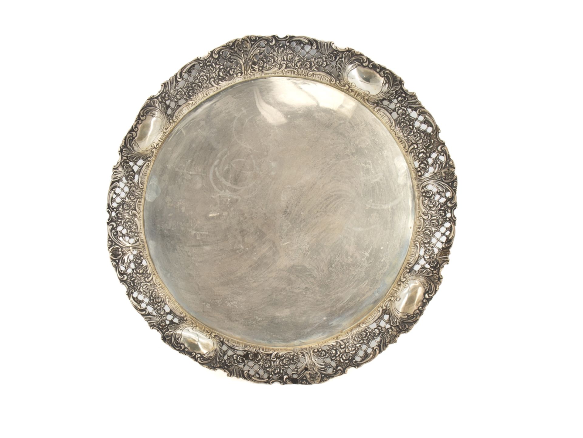 Large solid silver tray, 800 silver in rocaille-roses decor, around 1930 - Image 2 of 5