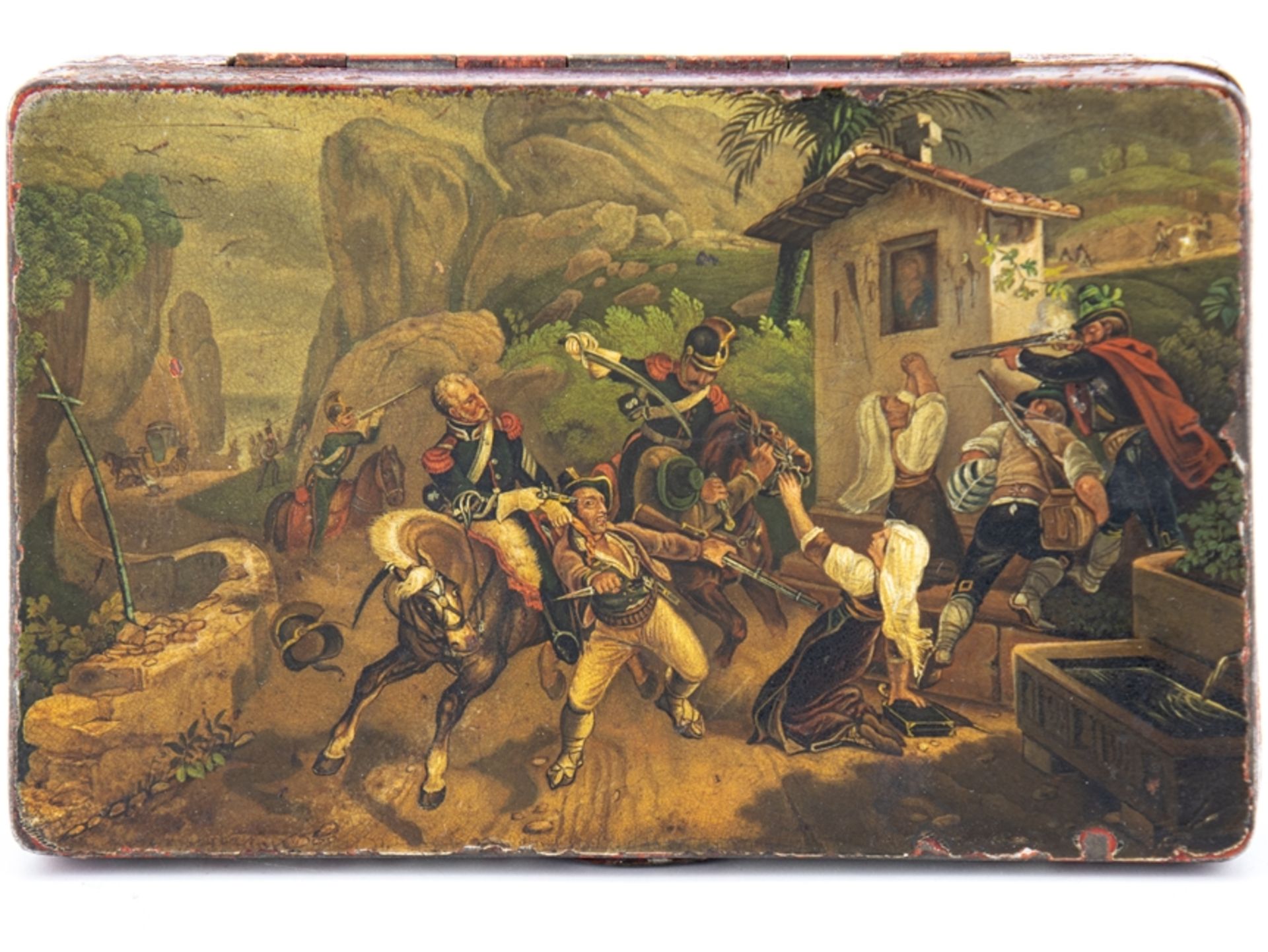 Hand-painted cigar box, tabatiere, robbery scene probably Italy, end of 19th century.