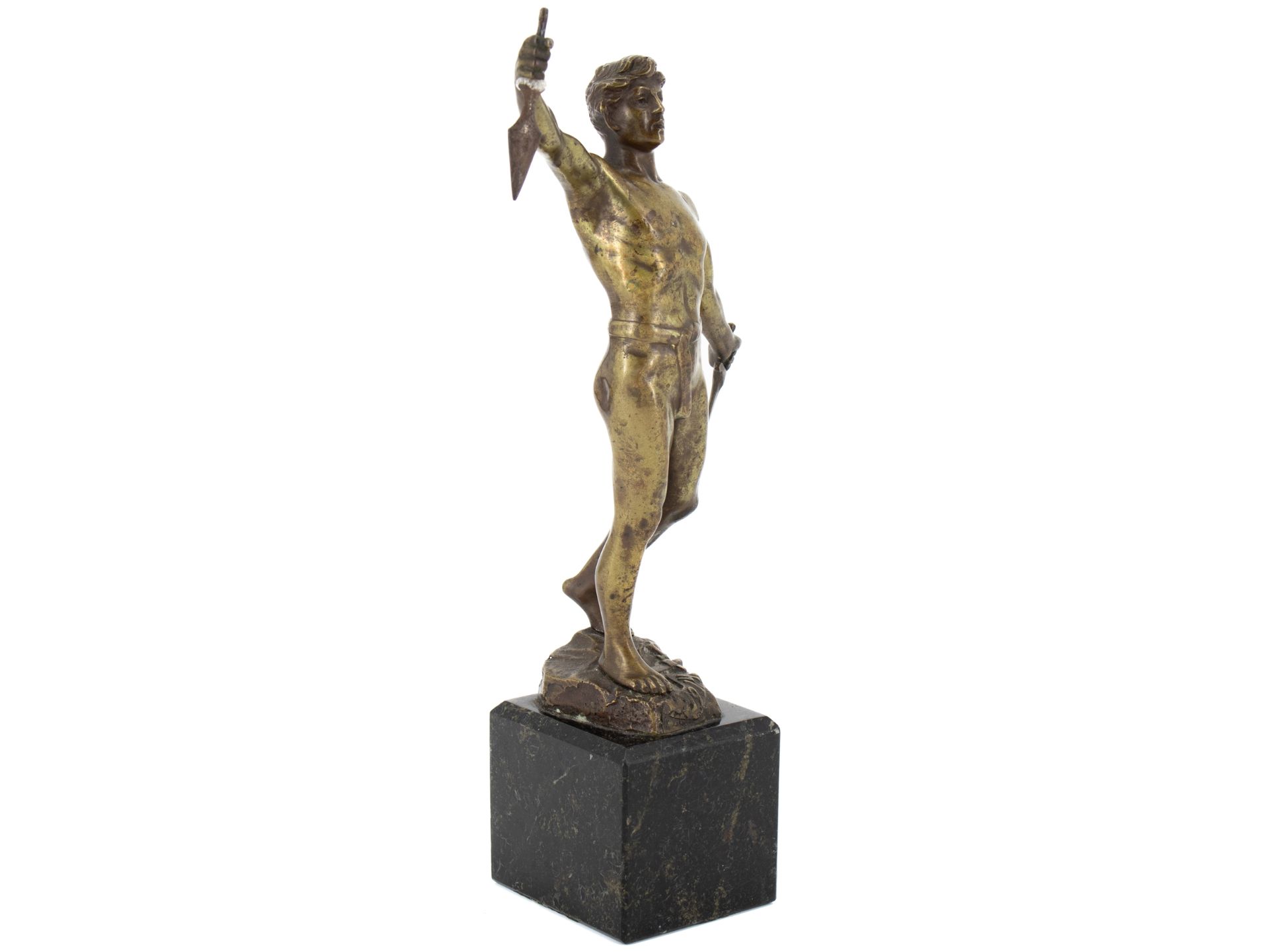 Bronze sculpture, WW1, warrior with sword on marble base, dated 1914. - Image 4 of 7