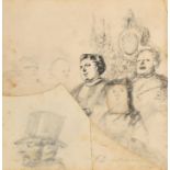 Circle of Honore Daumier (1808-1879) French. Head Studies from The Theatre, Pencil and ink, Signed