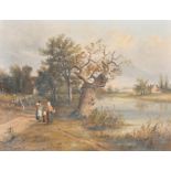 Thomas Smythe (1825-1906) British. Figures in a River Landscape, Oil on canvas, Signed, Unframed 14"