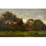 Circle of George Frederick Watts (1817-1904) British. A Riverside Cottage, Oil on canvas, Signed,