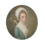 18th Century English School. Bust Portrait of a Lady, Oil on unstretched canvas, Oval 4.5" x 3.