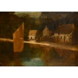 Late 19th Century English School. A River Scene by Cottages, Oil on canvas, Unframed 24" x 36" (61 x
