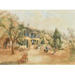 19th Century English School. A Colonial House with Figures in the foreground, Watercolour, 15" x 21"