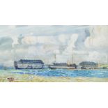 J H Batchelor (20th Century) British. "HMS Britannia at Portsmouth with Two Training Hulks",