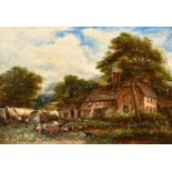 James Orrock (1829-1913) British. "Old Cottages at Elsted, Surrey, 1897", Oil on canvas, Signed