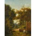 19th Century English School. Figures Cutting Wood in a Landscape, Oil on paper laid down,