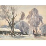Jack Merriott (1901-1968) British. Farm Buildings in a Winter Landscape, Watercolour, 15" x 20" (