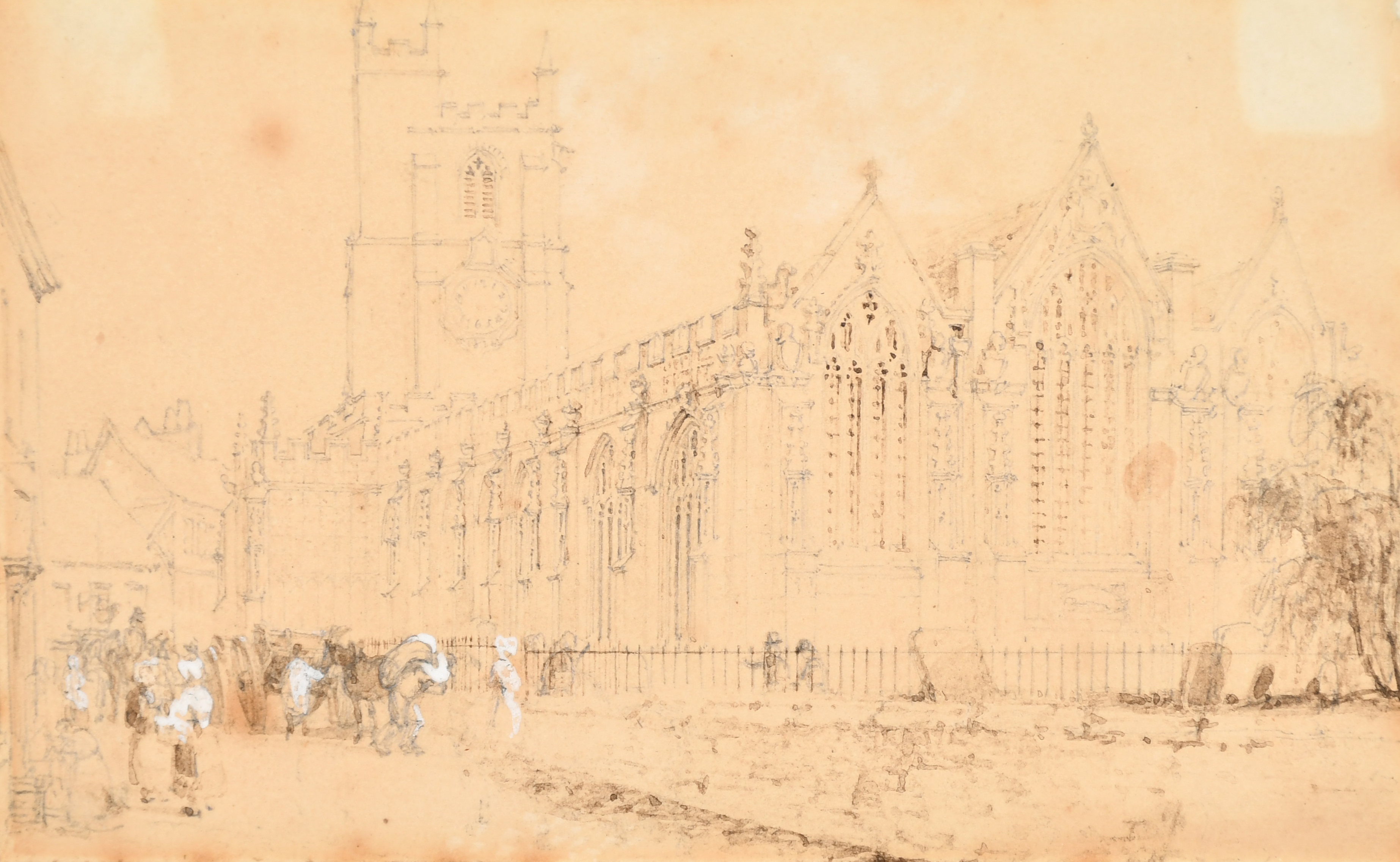 Circle of John Ruskin (1819-1900) British. Study of a Cathedral with Figures in the foreground, - Image 3 of 7